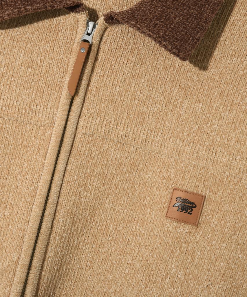 TRILLION Color Work Collar Zip-Up Knit Jacket [Beige]