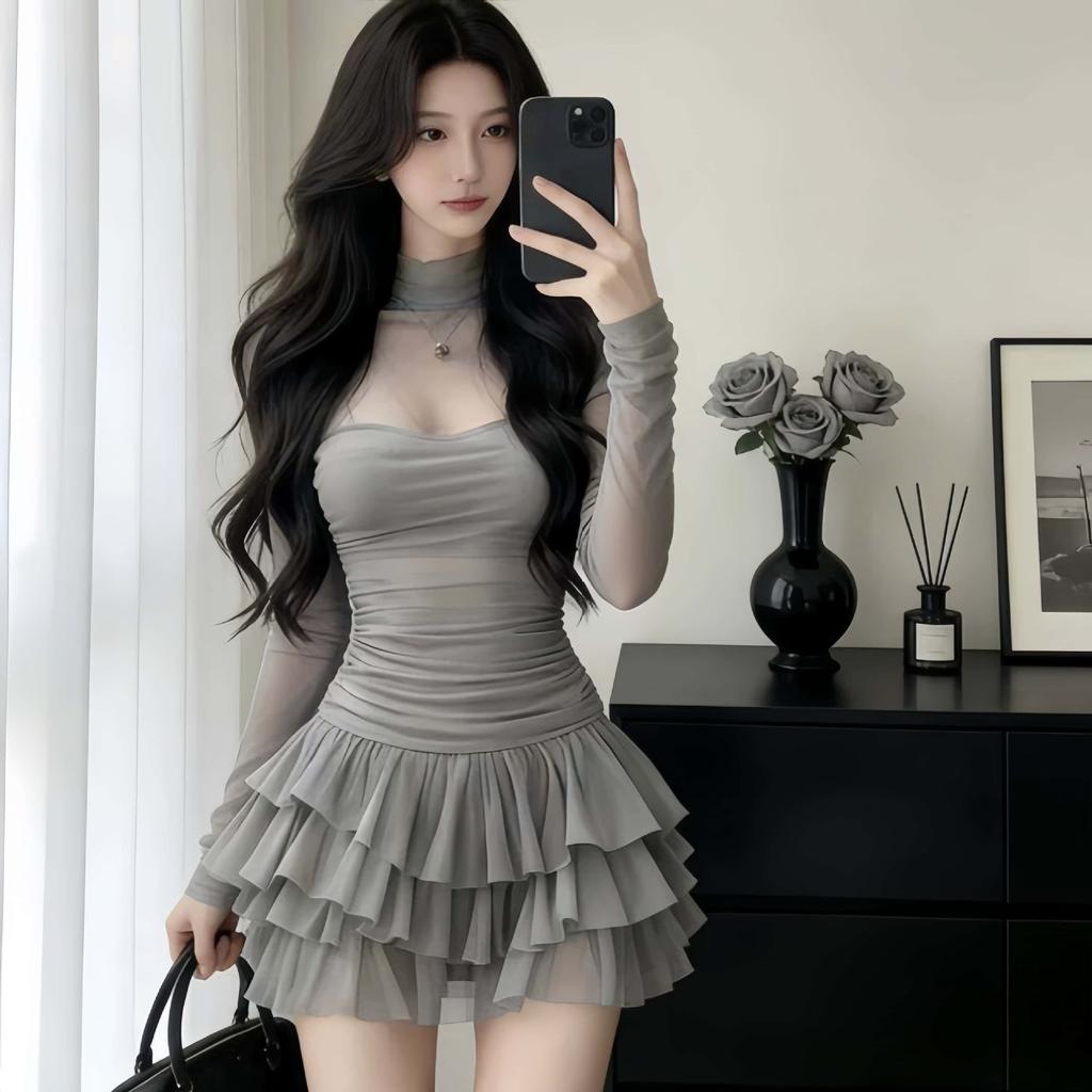 Night Main Store Dress Light Luxury Mesh Splicing Long Sleeve High Sense Cake Dress Skinny Small Sexy Skirt