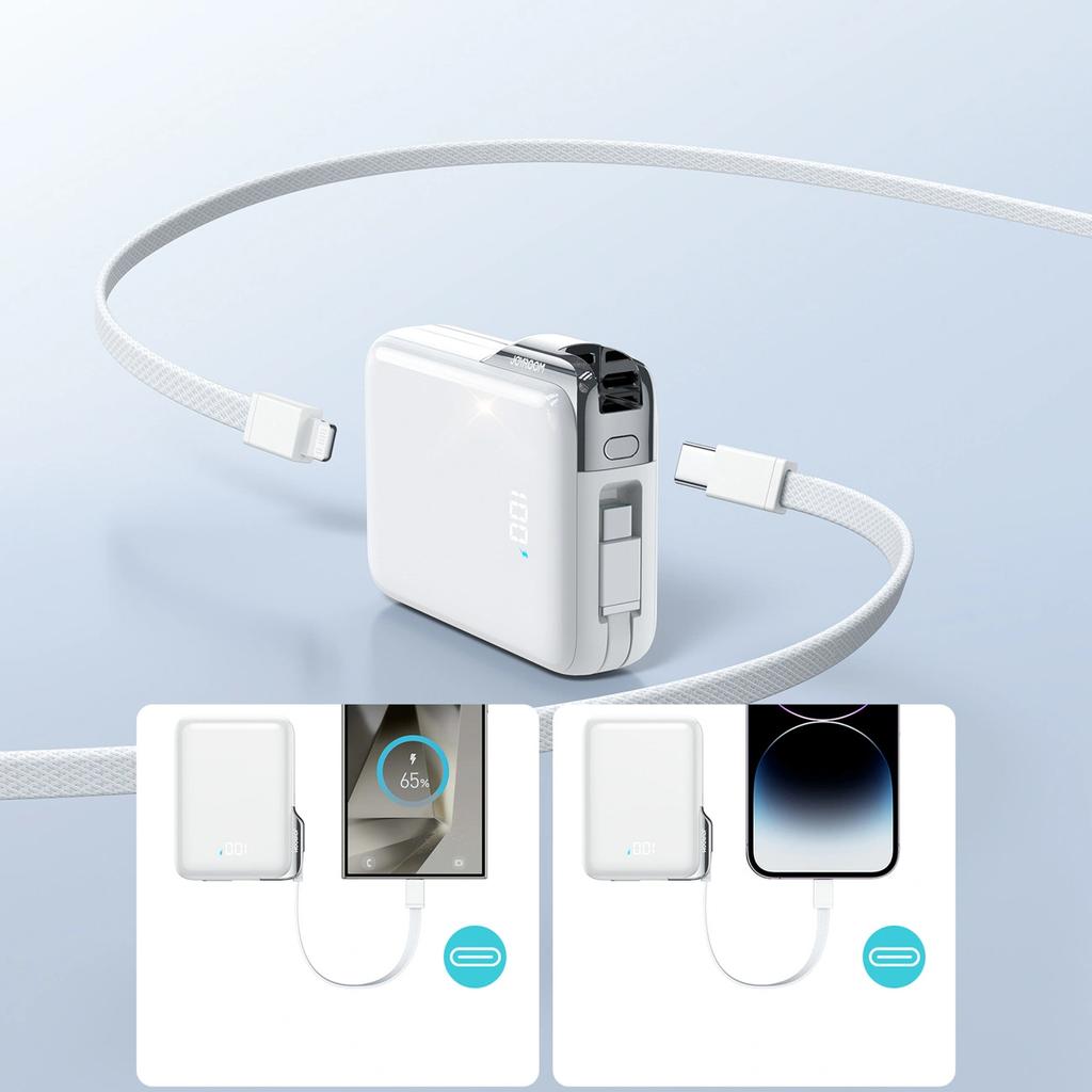 Powerbank Joyroom Jr-Pbf27 Pro 10000Mah 30W Z Wbudowanym Kablem Usb-C I Dodatkowym Dwukierunkowym Kablem Usb-C - Lightning - Biały