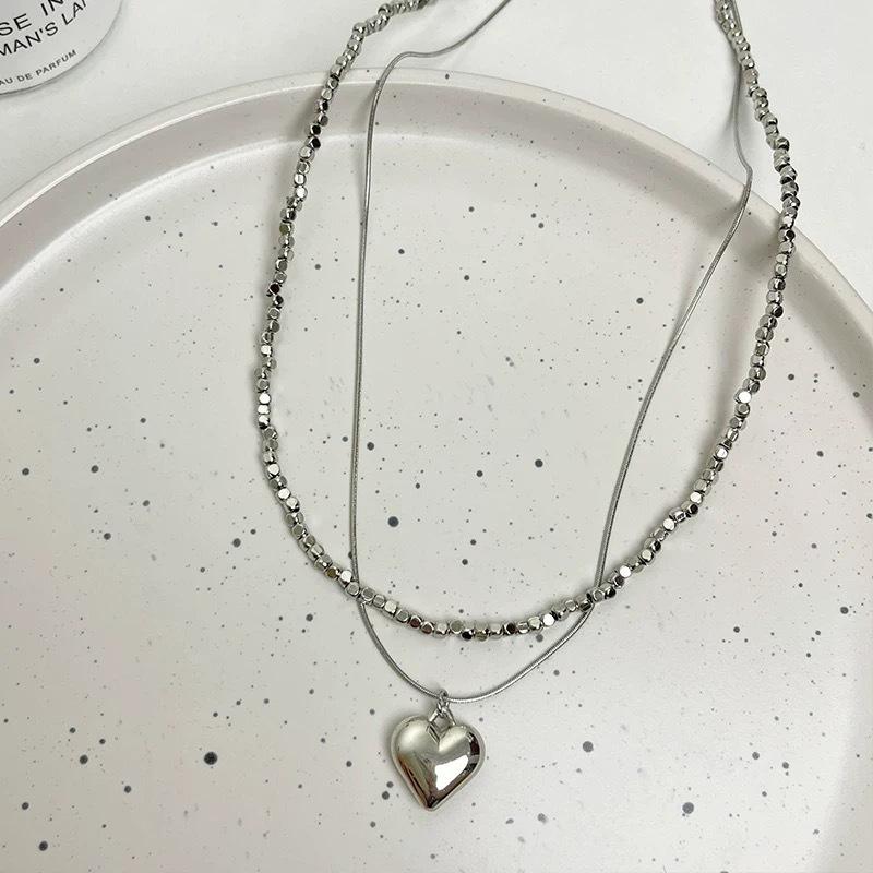 Crushed Silver Heart Necklace, Sweet Cool Double Layer Stackable Minimal High-end Clavicle Choker
