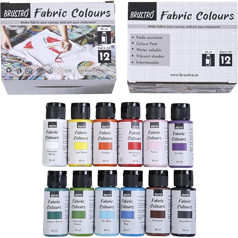 Brustro Artists Fabric Colours - Set Of 12, 30Ml Bottles | High Pigmented Color, Fade Resistent, Intermixable, Permanent
