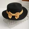 Beach Straw Hat Flat Top Wide Brim Sun Protection Hat with Striped Print Ribbon Bow Hand-Woven Breathable Summer Hat