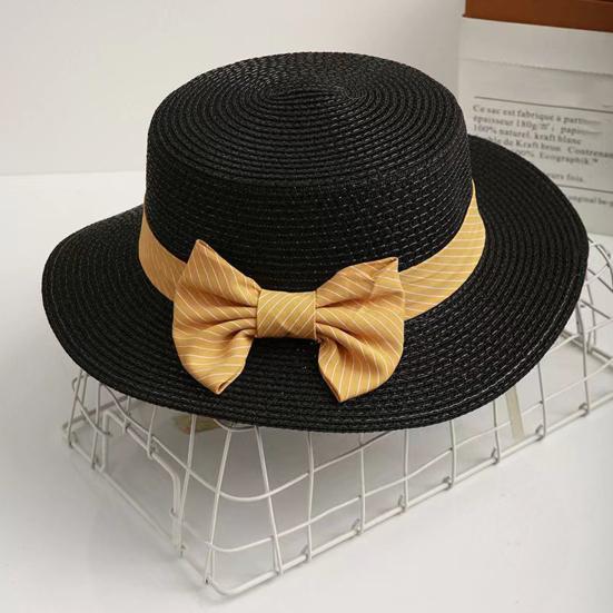 Beach Straw Hat Flat Top Wide Brim Sun Protection Hat with Striped Print Ribbon Bow Hand-Woven Breathable Summer Hat