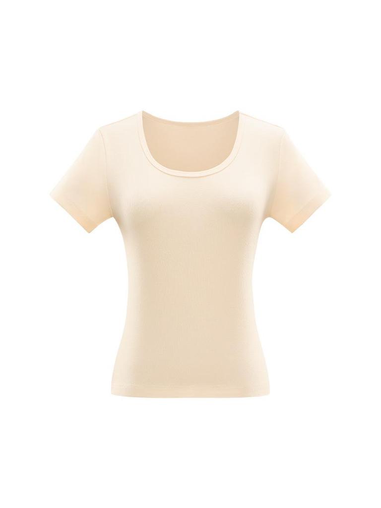 Women's Summer U-Neck Slim Fit Cotton T-Shirt - Solid Color, Crew Neck, Short Sleeve