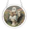 Durable Acrylic Halloween Suncatcher Jigsaw Puzzle Set, Spooky Ghost Floral Meadow Window Hanging Ornament with Metal Porch Decoration Frame & Chain,