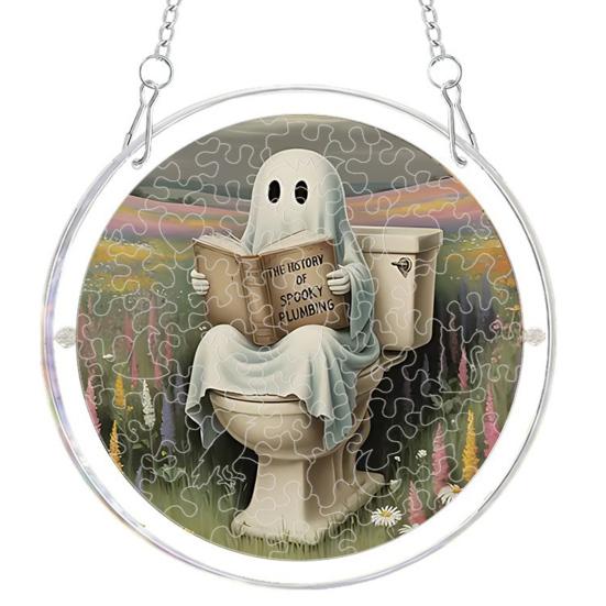 Durable Acrylic Halloween Suncatcher Jigsaw Puzzle Set, Spooky Ghost Floral Meadow Window Hanging Ornament with Metal Porch Decoration Frame & Chain,