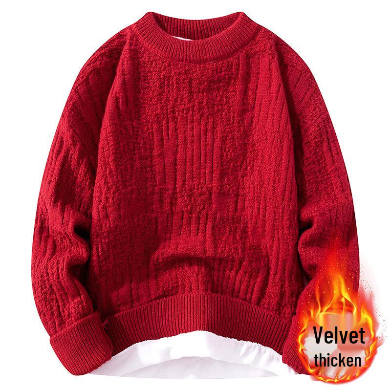 Men's Plush Velvet Round Neck Sweater: Versatile, Casual Autumn/Winter Knitwear, Simple Solid Color, Trendy Inner Wear.
