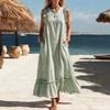 Sommer Gestreiftes Maxikleid für Damen Rundhalsausschnitt Ärmellos Rüschen A-Linie Schwingendes Kleid Strand Freizeit Fließendes Sommerkleid mit Taschen