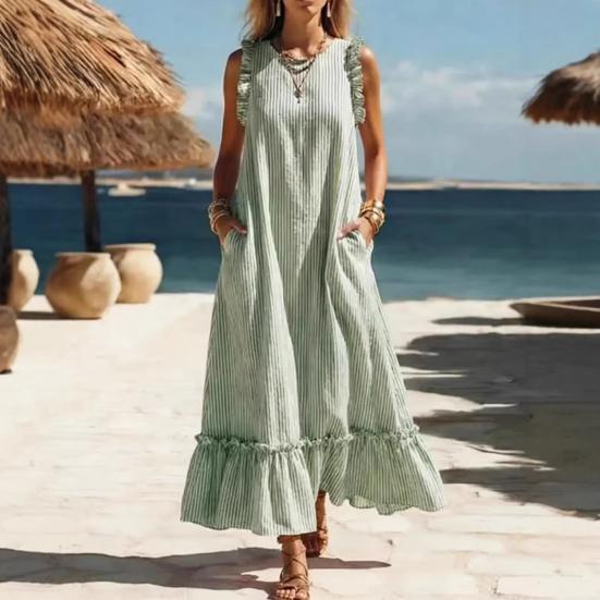 Sommer Gestreiftes Maxikleid für Damen Rundhalsausschnitt Ärmellos Rüschen A-Linie Schwingendes Kleid Strand Freizeit Fließendes Sommerkleid mit Taschen