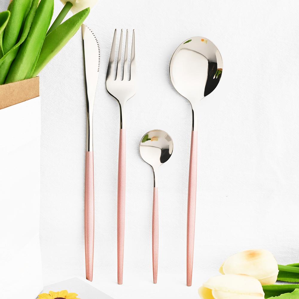 16pcs Mirror Pink Gold Flatware Stainless Steel Cutlery Set Knife Coffee Spoon Fork Dinnerware Set Western Kitchen Tableware