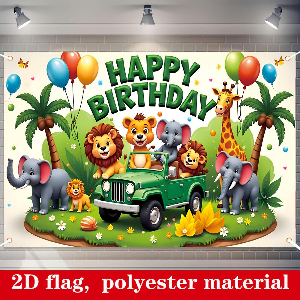 2D Flat 1pc Jungle Happy Birthday Banner - 179.83cm x 109.98cm Durable Polyester Lion Elephant Giraffe Pattern Indoor Outdoor Party Decor