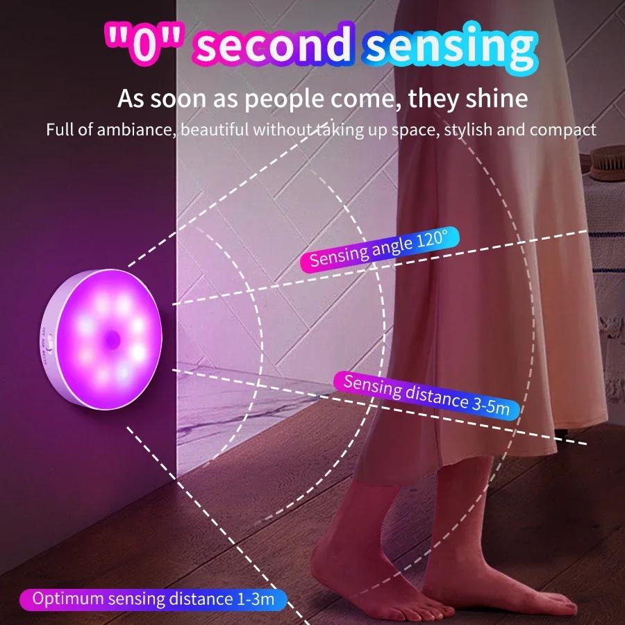 Colorful LED Night Light Motion Sensor Lights Wireless Magnetic Round Night Lamp Kitchen Cabinet Bedroom Atmosphere Decor