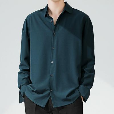 Camisa de Verano para Hombre de Color Sólido Simple de Seda de Hielo de Manga Larga Tops Casuales Holgados Drapeados Guapos