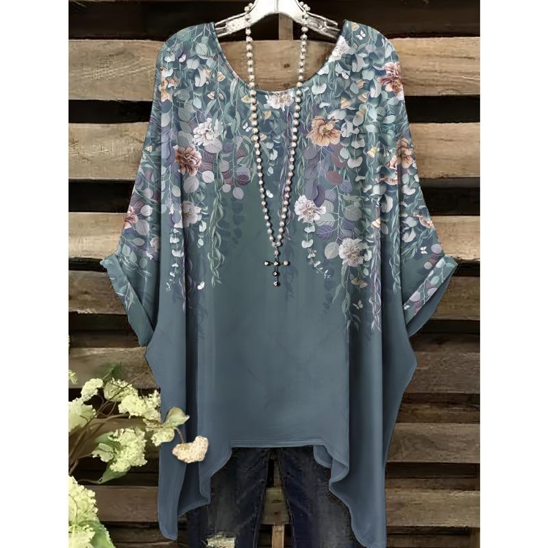 Women's Bohemian Flower Print T-Shirts Black Colorful Retro Full Body Graphic