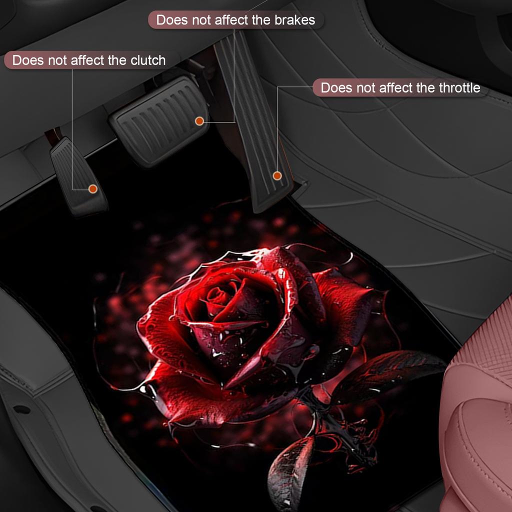 A Set of Four Universal Car Floor Mats Featuring a Rose Flower Design, Designed Both Front And Rear Seats of Any Vehicle