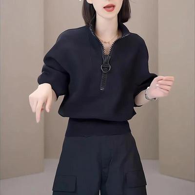 Women's Spring and Autumn High Waist Thin Short Sweatshirt Solid Color Loose Half Zipper Tops
