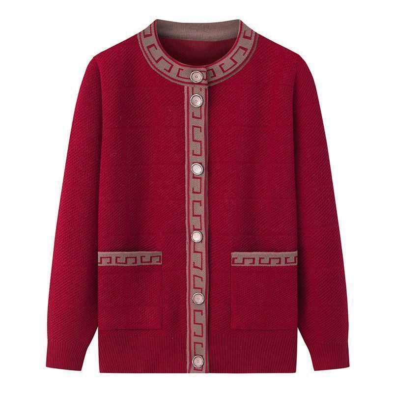 Women's Knit Cardigan with Plush Lining - Warm Autumn Coat for Middle-aged and Elderly
