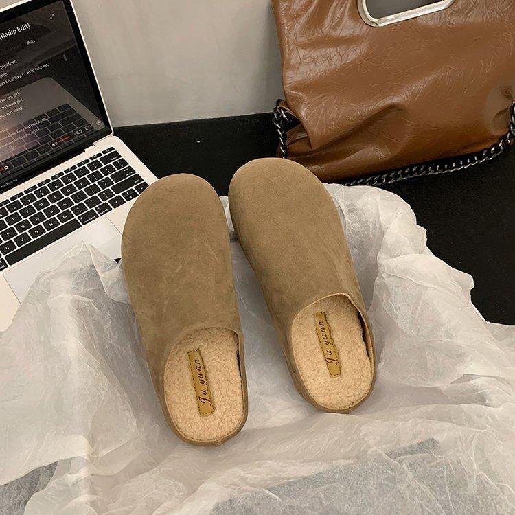 Soft leather version~ Baotou half slippers women wear high-end fluffy shoes in the autumn of 2024 new lazy Boken shoes