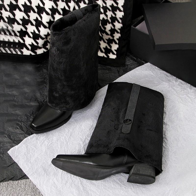 Fashion High Boots Women's Pointed Toe Sleeve Metal Buckle Block Heel Anti-Slip Wear-Resistant Pleated Stack Boots