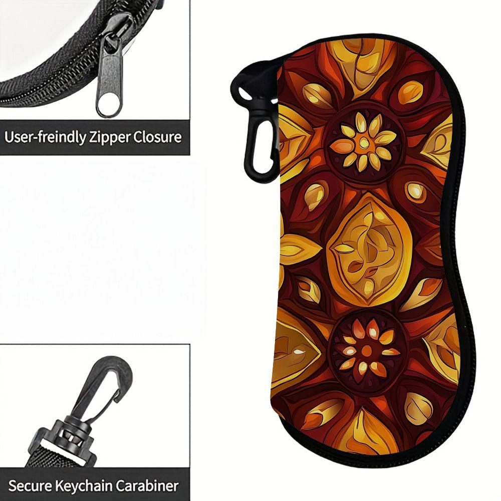 2D-Bohemian Autumn Floral Print Protective Sunglasses Case, Vintage Mandala Style Eyeglasses Storage Pouch, Portable Zipper Eyewear Organizer Box
