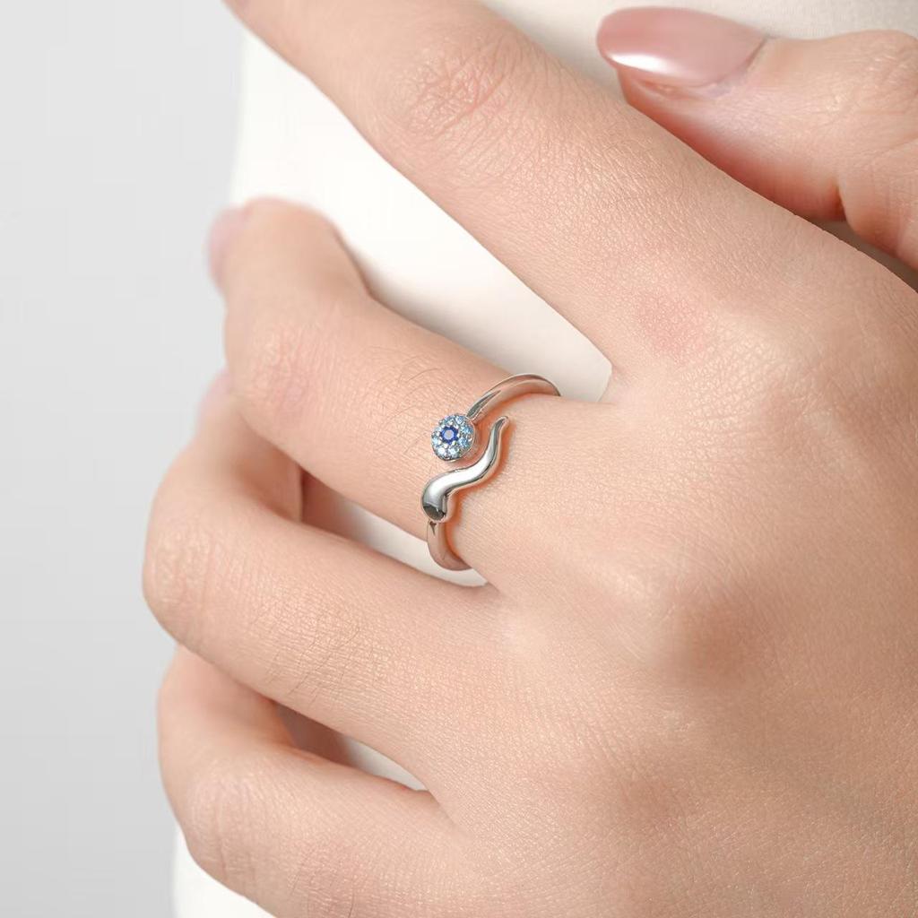 European & American Style Evil Eye Personality Ring with Blue Zircon Inlay