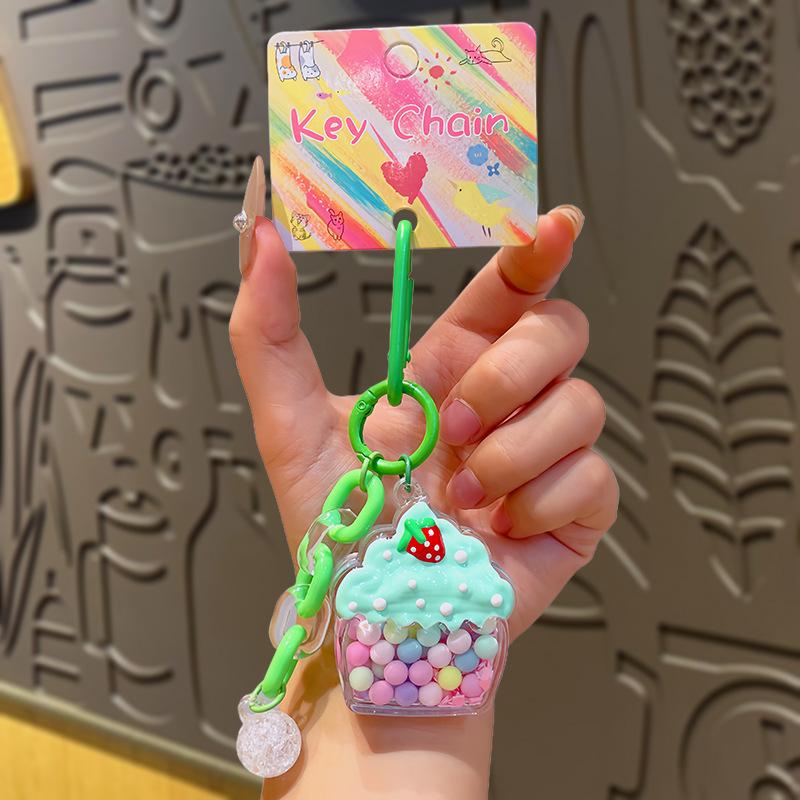 Cream Strawberry Ice Cream Pendant, Cute Flowing Sand Oil Keychain, Creative Small Accessory, Bag Pendant