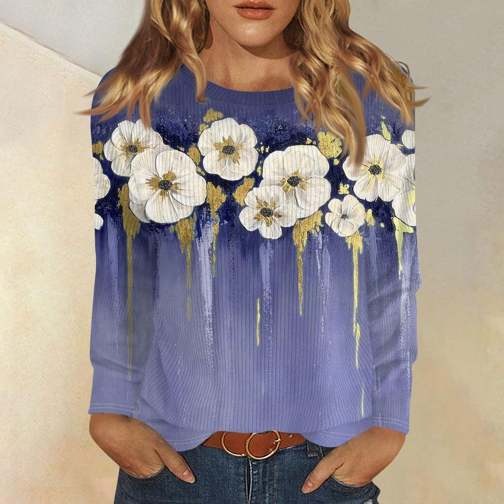 Bluzki z długim rękawem dla kobiet T-shirt Casual Print Tops T-shirt Okrągły dekolt Bluzka typu pullover