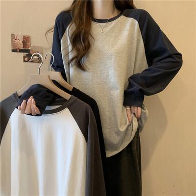 Damskie wiosenne i jesienne topy koszulki dla kobiet koszule szary okrągły dekolt kontrastowy kolor długi rękaw T-shirt luźny T-shirt patchwork