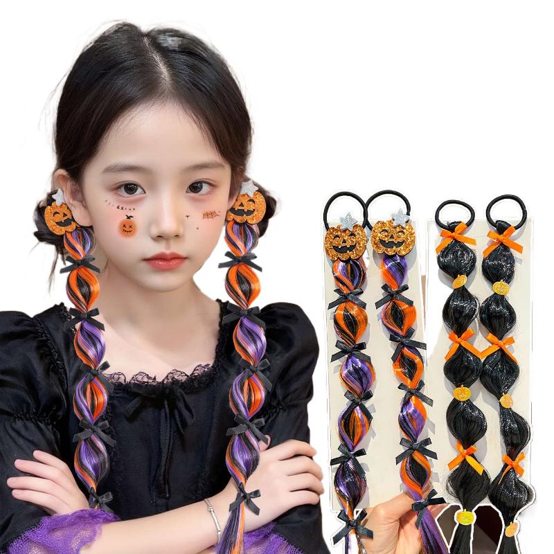 2 Pcs Halloween Fashion Lantern Braid Wig Hair Ties For Girls With Pumpkin And Spider Elements Fun Hair Accessories