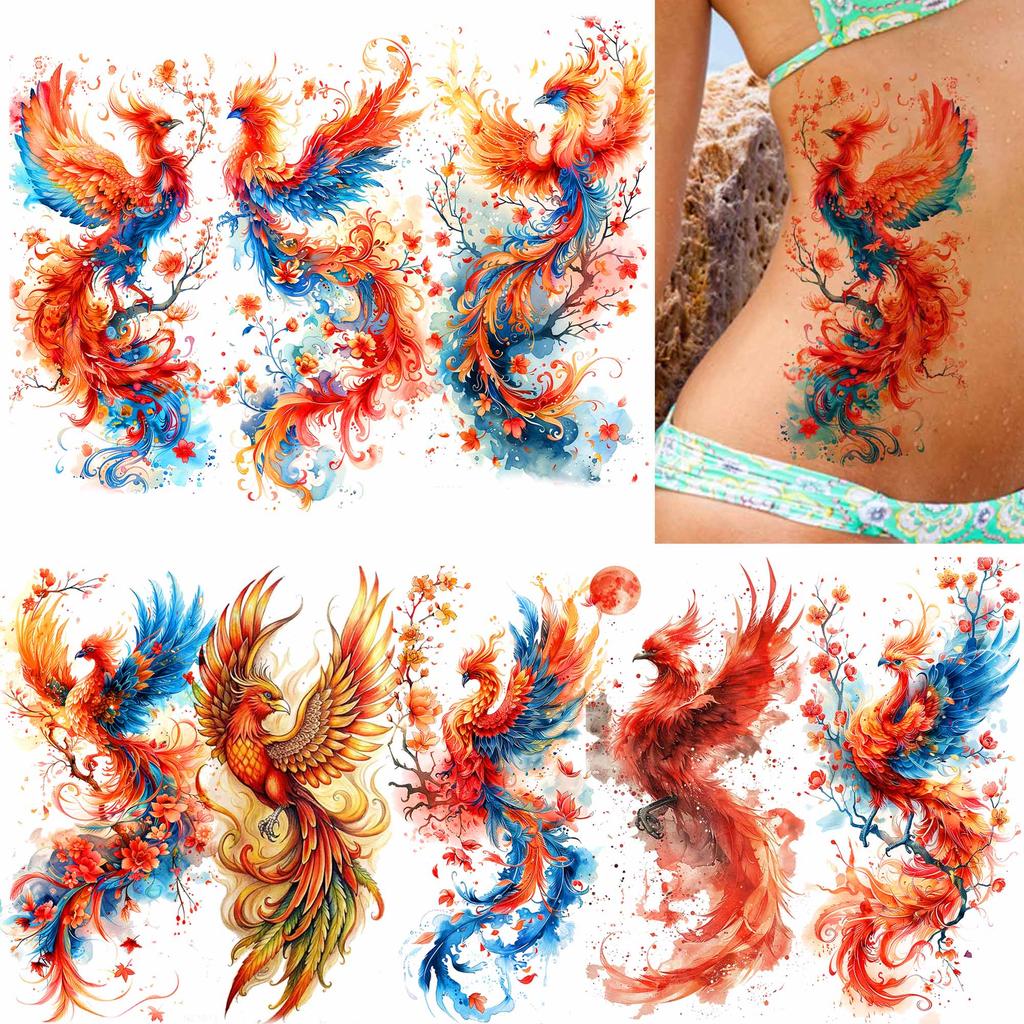 1 Sheet Phoenix Watercolor Temporary Tattoos For Women Girls Fake Covers Up Water Transfer Tattoo Sticker Adults Arm Waist Thigh