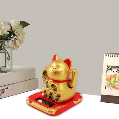 Solar Powered Waving Cat Wealth Welcoming Solar Cute Happy Lucky Cat Fortune Cat Statue Ornament for Home Car Decor Chinese Character Champagne