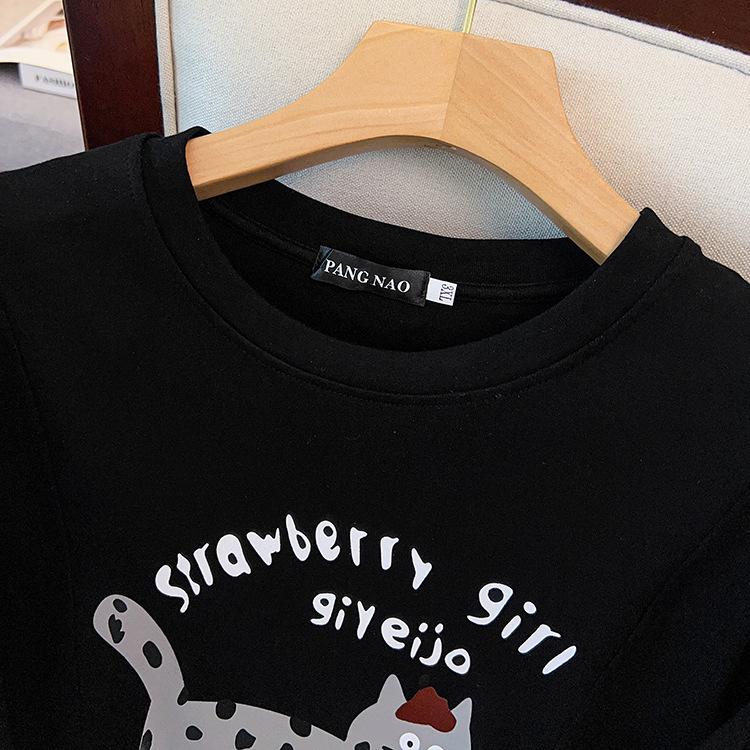 2026 Spring Women's Plus Size Thick Cotton Cat Print Short Sleeve Top