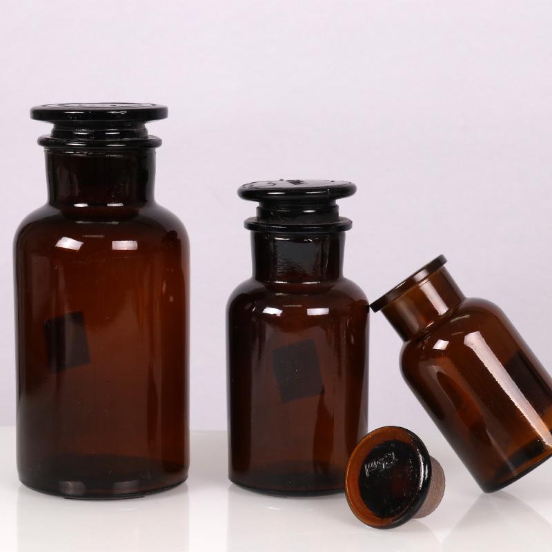 Amber Brown Thickened Wide-Mouth Reagent Bottle with Ground-Glass Stopper - Laboratory Chemical Sampling Bottle
