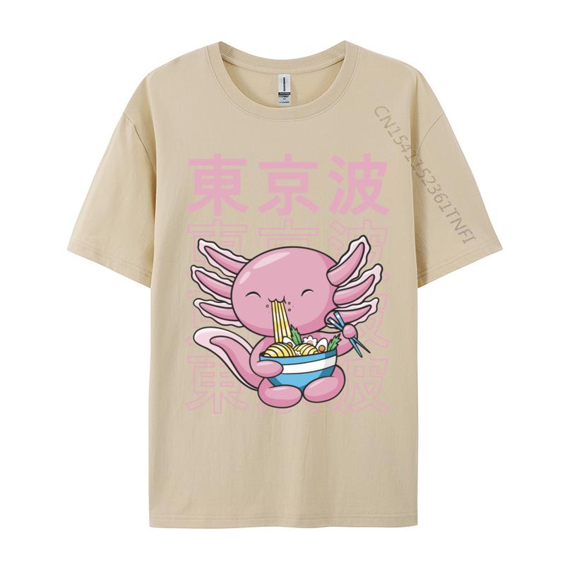 Kawaii Axolotl Eating Ramen Noodles Teens Custom Print T Shirt for Men Family Autumn All Cotton Top T-shirts Hip hop T Shirt