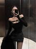 Women's Black Off-the-Shoulder Hollow Long-Sleeve Slim-Fit T-Shirt: Spicy Style, Winter Inner Wear & Waist-Cinching Base Layer.