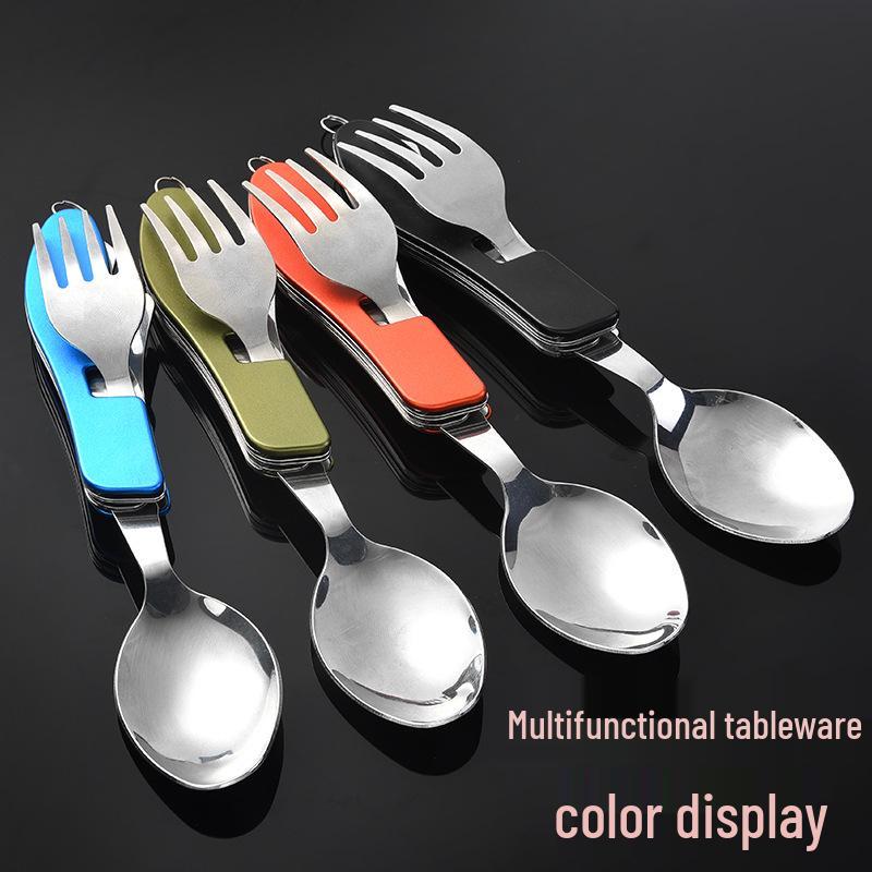 Camping Multifunctional Stainless Steel Cutlery Set: Folding Knife, Fork, and Spoon.