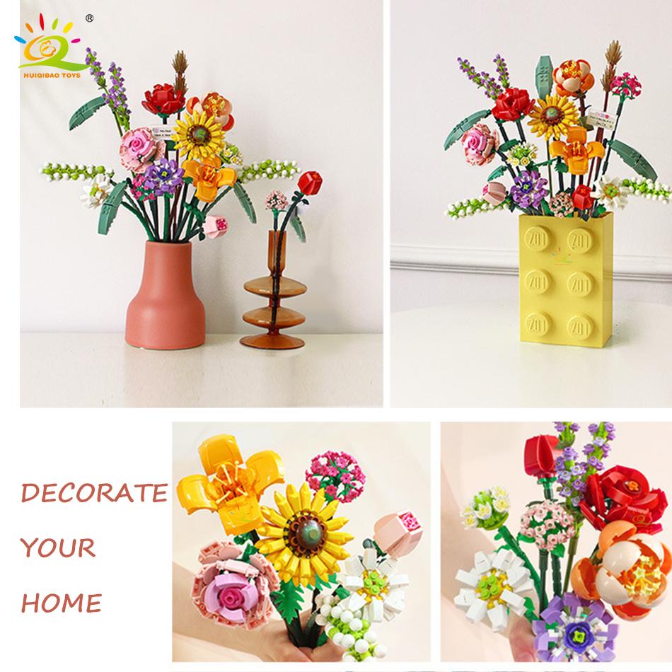 Flower Bouquet Building Block 3D Model Bricks Toys For Girl Boy Friends Kit Set Simulation Rose Plant Potted Gift