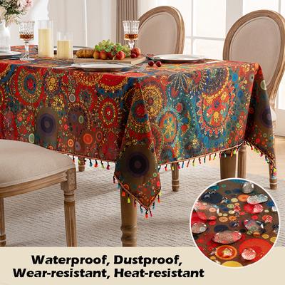 New Colorful Fringe Tablecloth with Printed Pattern Dust-Proof Dining Table Cover Waterproof Rectangular Coffee Table Cover for Home Use