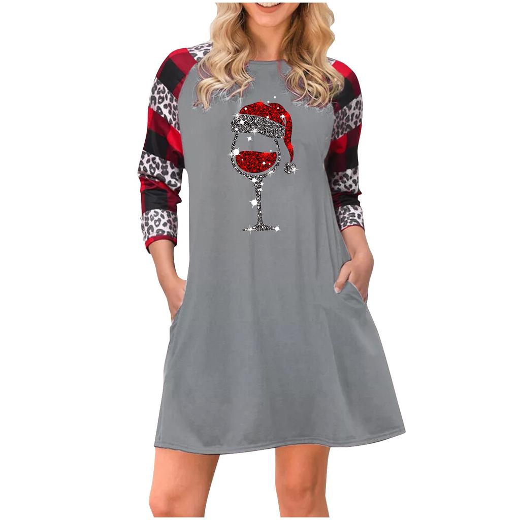 Dames kerstprint tuniekjurken met lange mouwen, zakken, grote maten T-shirtjurk
