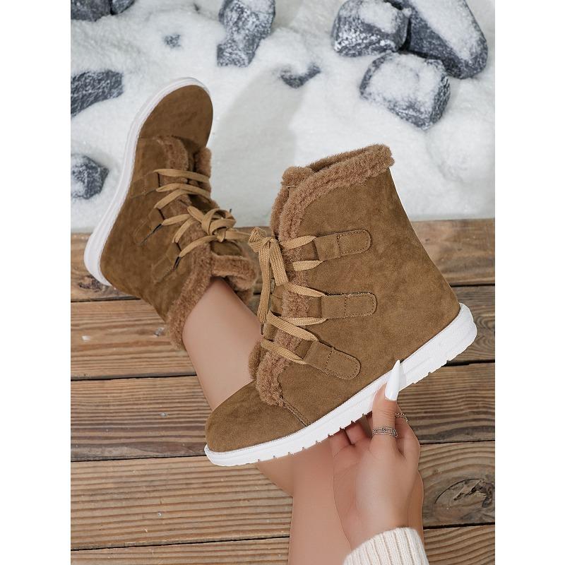 2025 Winter New Lace-up Warm Cotton Shoes Women's Flat Fleece Thickened Plus Size Snow Boots