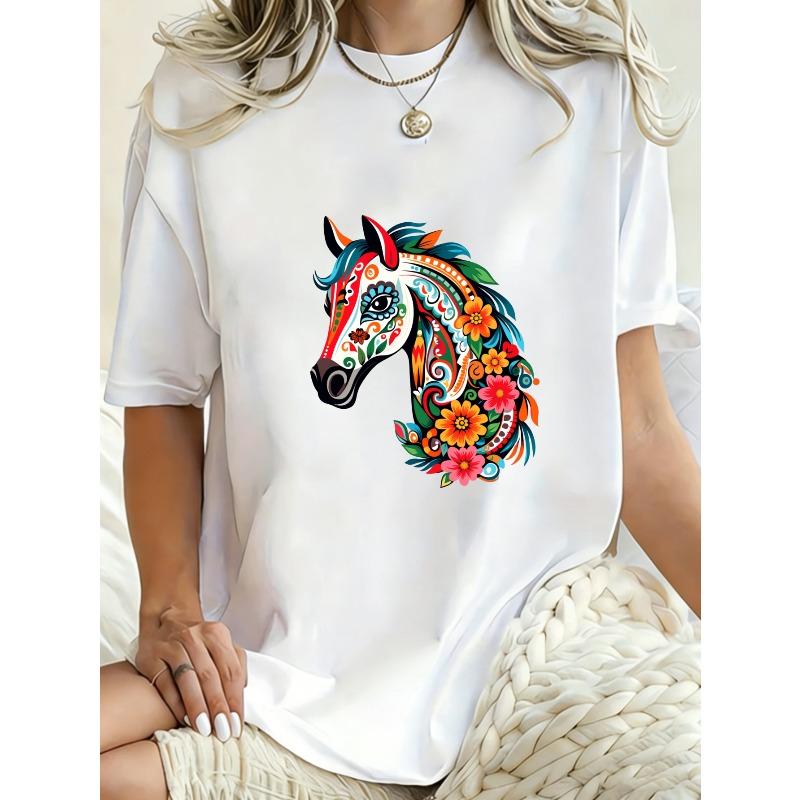 Übergroßes T-Shirt-Kleid Schwarzes Pferd Blumenmuster Druck Freizeitkleidung für Frauen