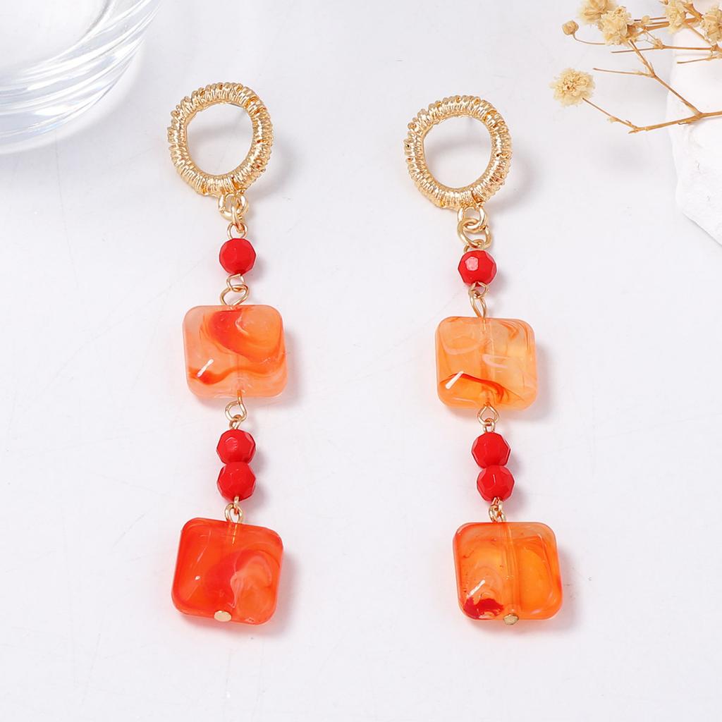 Simple, fresh, niche and trendy geometric square orange patchwork long earrings, elegant and stylish women's earrings