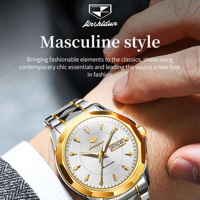 JINSHIDUN New Business and Leisure Men's Watch Automatic Mechanical Watch Tungsten Steel Double Calendar Luminous Waterproof High-end Watch