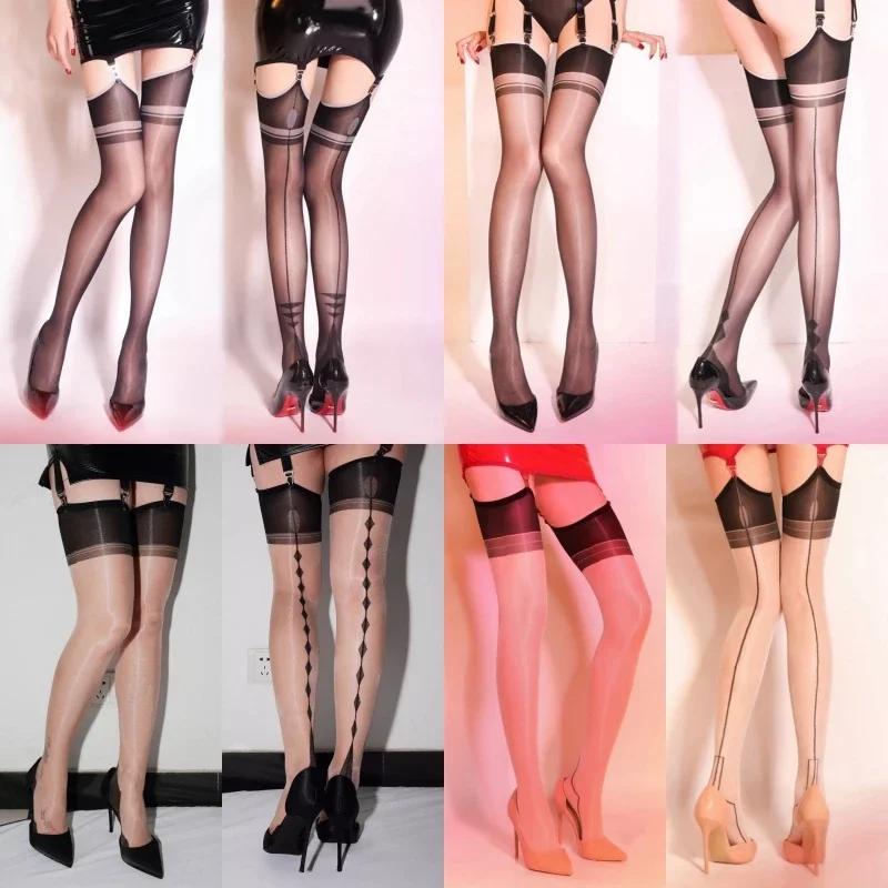 Women Sexy Ultra Thin Transparent Thigh High Stockings 5D Oil Glossy Cuban Heel Back Seam Party Socks Pole Dance Clubwear