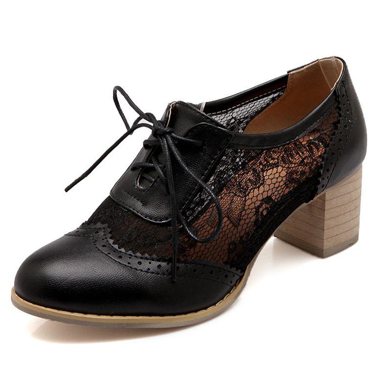 Fashion Women Pumps Round Toe Chunky Heels 5.5cm Lace Up Breathable Mesh Large Size 41 42 43 Soft Casual Brogue Shoes 35