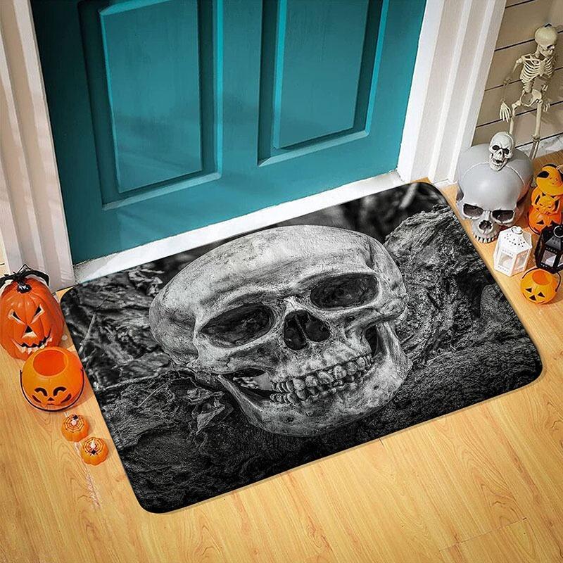 Halloween Themed Door Mat with Pumpkin Skull Reaper Pattern Non Slip Absorbent Outdoor Indoor Welcome Mat for Home Decor
