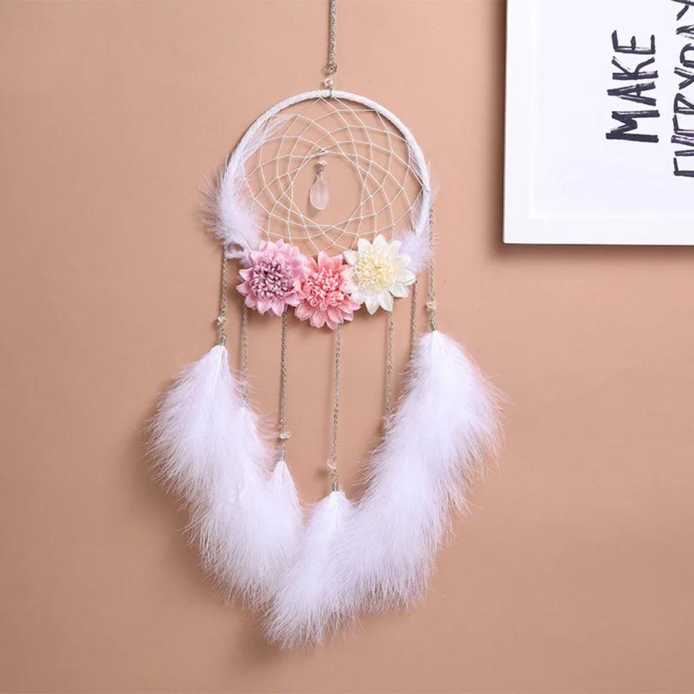 Wall Hanging Dream Catcher Pendant with Feathers with Flowers Feather Wind Chime with LED String Round Shape Night Light Home