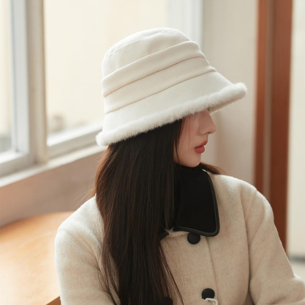Plush Bucket Hat Women's Autumn and Winter Plush Thickened Thermal Basin Hat Elegant Middle-aged and Elderly Hat