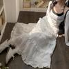 Women Maxi Skirt Elastic High Waist A-Line Skirt Solid Color Hollow Crochet Flower Pattern Ruffle Stitching Cake Skirt