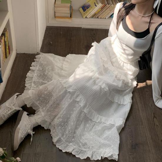 Women Maxi Skirt Elastic High Waist A-Line Skirt Solid Color Hollow Crochet Flower Pattern Ruffle Stitching Cake Skirt